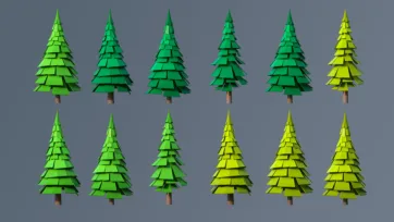 Low poly 3D pine and fir trees with layered needle branches in green and yellow color variations