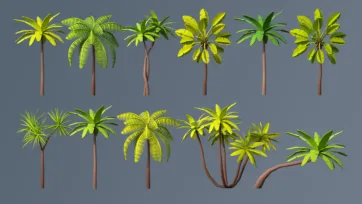 Diverse low poly 3D palm tree variations including coconut palms, banana plants, and tropical tree species
