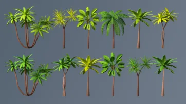 Collection of tropical low poly 3D palm trees with various leaf styles and trunk configurations for game environments