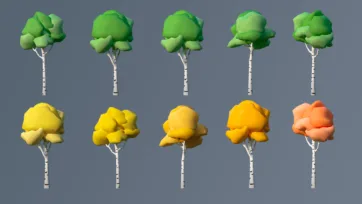 Low poly 3D birch trees with characteristic white bark and autumn foliage in green to orange gradient