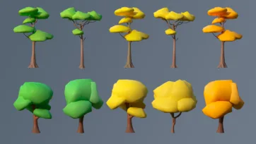 Flat canopy low poly 3D trees in green to orange gradient colors with African savanna styling