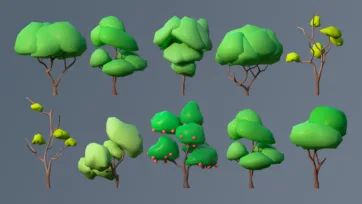 Summer green low poly 3D trees with natural organic foliage shapes and berry-bearing variants