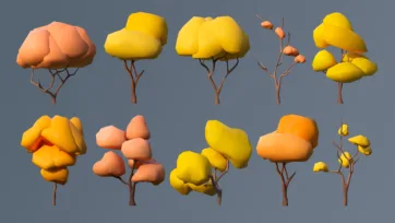 Autumn-themed low poly 3D trees with organic cloud-like foliage in yellow and orange tones