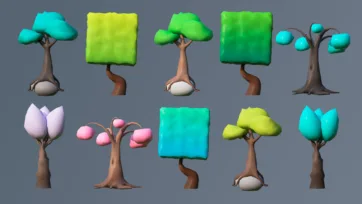 Minimalist cubic and square-shaped low poly 3D trees with clean geometric foliage
