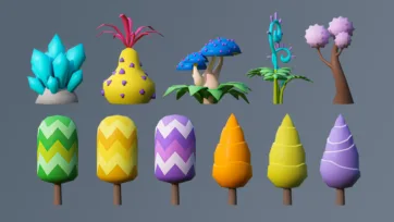 Fantasy low poly 3D plants including colorful mushrooms, alien vegetation, and geometric patterned trees