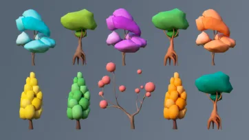 Abstract geometric low poly 3D trees featuring cloud-like foliage, berry trees, and unique stylized designs