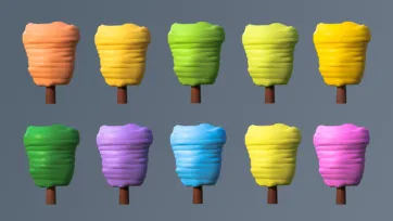 Cylindrical low poly 3D trees with ribbed texture design in bright colorful variations for game environments