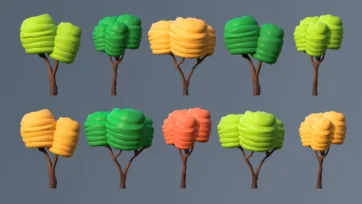 Collection of spiral layered low poly 3D trees with segmented foliage in various green and autumn colors