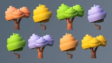 Colorful low poly 3D trees with layered geometric foliage in orange, yellow, green, and purple colors