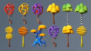 Stylized geometric low poly 3D trees with abstract shapes and modern design elements
