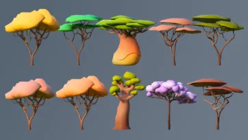 African savanna style low poly 3D trees with flat canopies and acacia-inspired designs