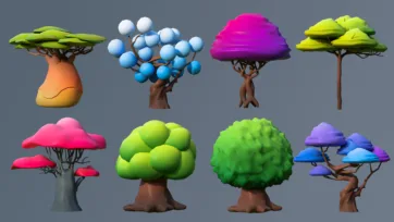 Collection of fantasy low poly 3D trees with colorful foliage and unique magical designs