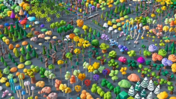 Complete overview of low poly 3D vegetation pack featuring diverse trees, plants, and natural elements