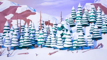 Winter landscape with snow-covered low poly 3D evergreen trees and snowy mountain terrain