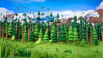 Dense evergreen forest with low poly 3D pine trees, fir trees, and mountain landscape
