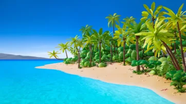 Tropical beach scene with low poly 3D palm trees, tropical vegetation, and crystal blue water