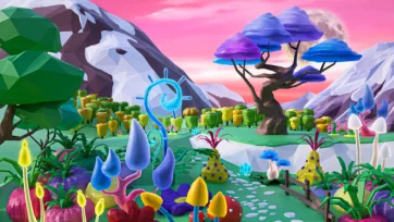 Fantasy alien landscape with colorful low poly 3D vegetation, magical mushrooms, and exotic plants