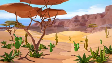 Desert landscape with low poly 3D vegetation including cacti, acacia trees, and desert plants