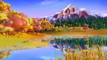 Low poly 3D autumn lake landscape with colorful trees, mountains, and marsh grass from vegetation asset pack