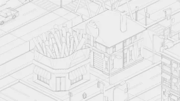 Technical wireframe illustration of stadium or arena architecture with surrounding city buildings in detailed line drawing style for architectural visualization