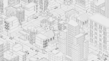 Wireframe line drawing of Brooklyn-style city architecture showing detailed building structures, skyscrapers and urban layout in technical illustration style