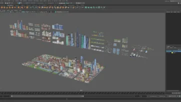 Maya Autodesk software showing City 4 Brooklyn 3D scene with low poly buildings, skyscrapers and urban architecture models for game development