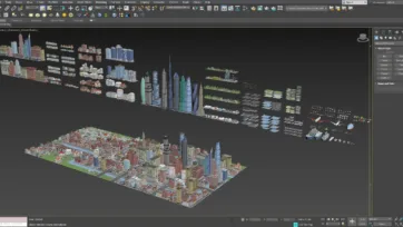 3ds Max software interface showing City 4 Brooklyn-inspired 3D model package with complete city scene and comprehensive asset library for urban visualization