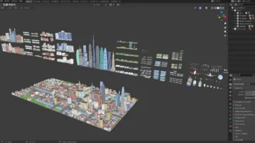 Blender 3D software interface showing City 4 Brooklyn-inspired low poly model package with complete city scene and asset library collection
