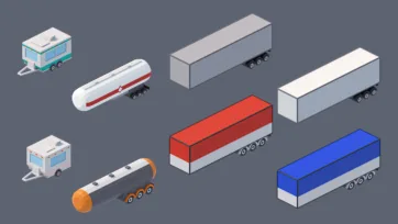 Truck trailers, tanker trucks and freight containers 3D models for transportation and logistics visualization in low poly style