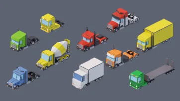 Semi trucks, trailers and commercial freight vehicles 3D models including tractor-trailers, cement mixer and cargo trucks for logistics scenes