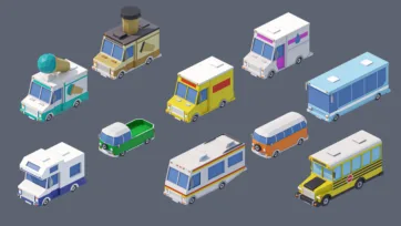 Food trucks, buses and recreational vehicles 3D collection featuring ice cream truck, school bus, RV camper and delivery vans in colorful low poly design