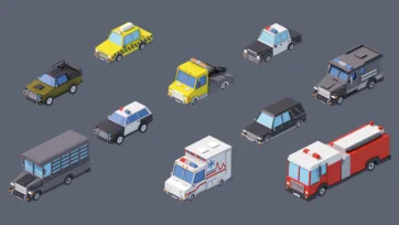 Emergency and service vehicles 3D models including police cars, yellow taxi, ambulance, fire truck and utility vehicles in low poly style