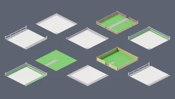 Collection of low poly 3D sports fields and athletic facilities including tennis courts, soccer fields, and recreational areas