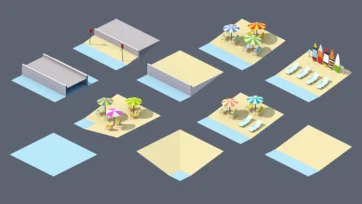 Low poly 3D beach and waterfront areas featuring sand, umbrellas, surfboards, and coastal recreational infrastructure