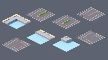 Low poly 3D transportation infrastructure including parking lots, terminals, and transit facilities with landscaping elements