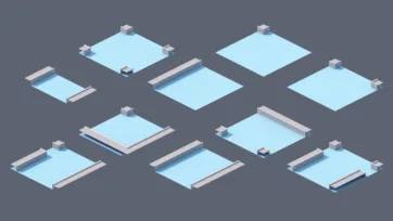 Collection of low poly 3D water features including rivers, lakes, and waterway elements for urban and natural environments