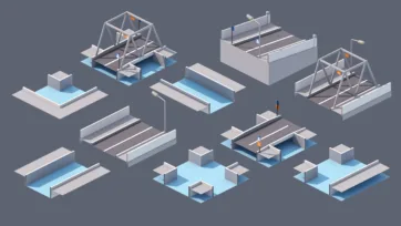 Low poly 3D bridge and infrastructure collection featuring water crossings, overpasses, and various architectural bridge designs