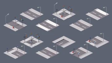 Collection of low poly 3D urban street intersections with crosswalks, traffic lights, and pedestrian crossing infrastructure