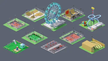 Low poly 3D amusement park and entertainment facilities including ferris wheels, sports courts, and recreational attractions