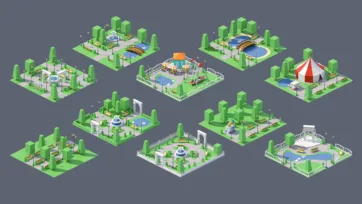 Collection of low poly 3D city parks and recreational areas with fountains, pavilions, playgrounds, and landscaped green spaces