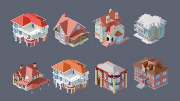 Collection of luxury low poly 3D mansion houses and upscale residential buildings with detailed architectural features