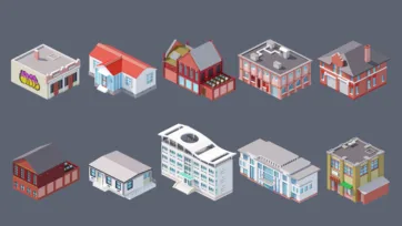 Low poly 3D commercial and mixed-use buildings including retail spaces, offices, warehouses, and institutional structures