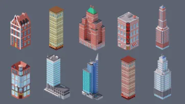 Collection of mixed-height low poly 3D urban buildings including skyscrapers, mid-rise apartments, and commercial structures