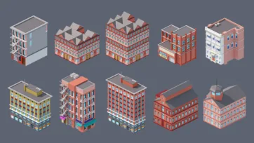 Low poly 3D large residential apartment complexes and housing blocks with Brooklyn-inspired architecture and urban design elements