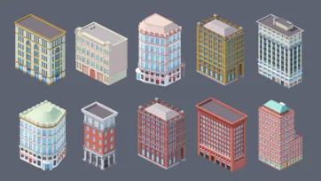 Collection of classic Brooklyn-style low poly 3D apartment buildings featuring red brick facades, fire escapes, and mixed architectural heights