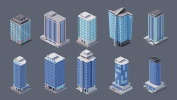 Collection of modern low poly 3D office towers and commercial skyscrapers with glass facades and contemporary designs