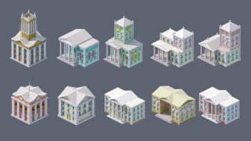 Low poly 3D civic and government buildings featuring classical architecture, columns, and institutional design elements