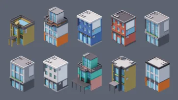 Collection of low poly 3D mixed-use apartment buildings with varied colors and contemporary urban architectural styles