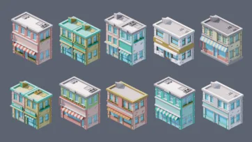Low poly 3D commercial and retail buildings with colorful storefronts, awnings, and mixed-use architectural designs