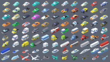 Complete collection of low poly 3D vehicles including cars, trucks, buses, boats, planes, and helicopters for city modeling